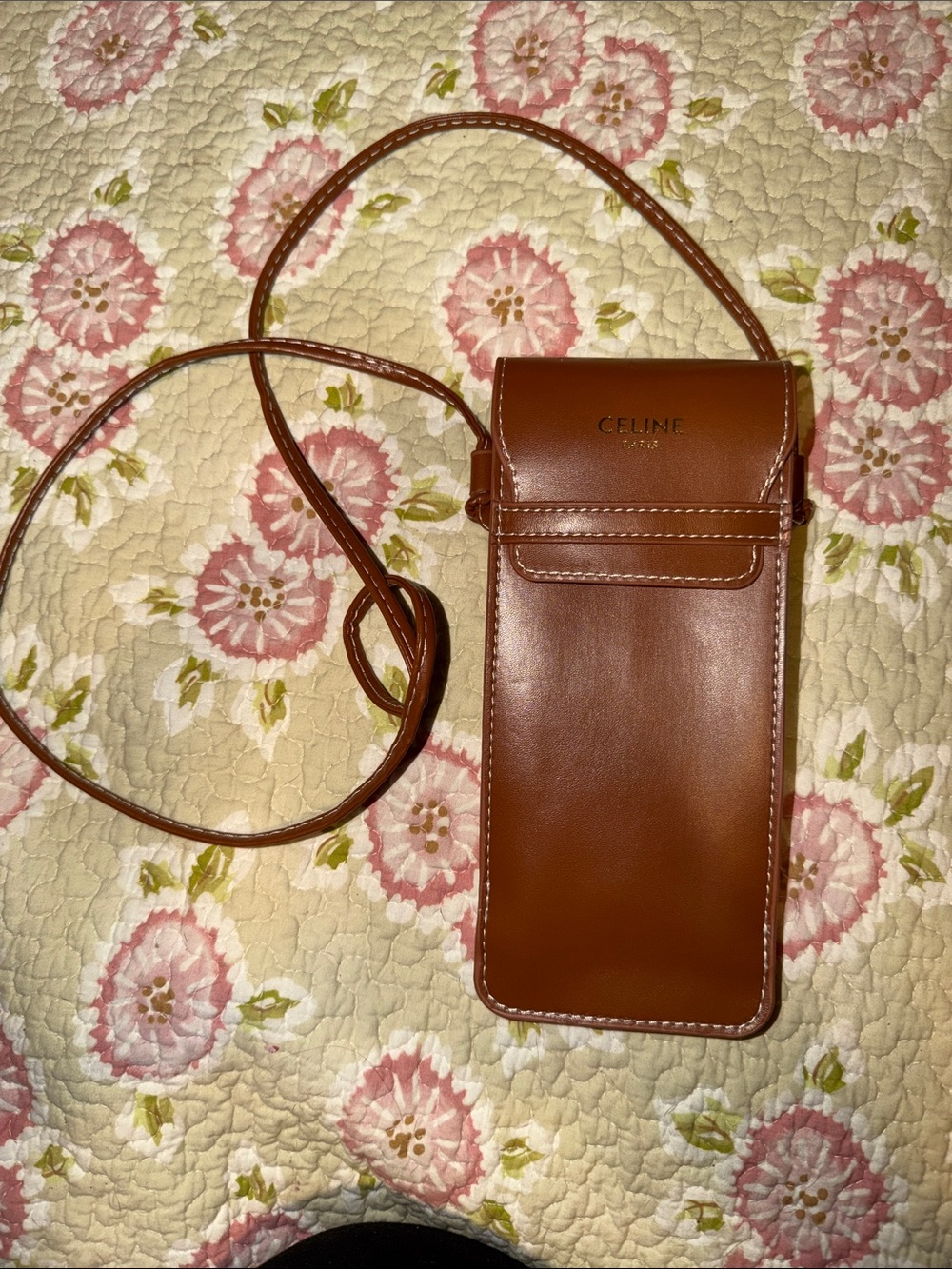 Celine Tan Leather Phone Pouch with Crossbody Strap